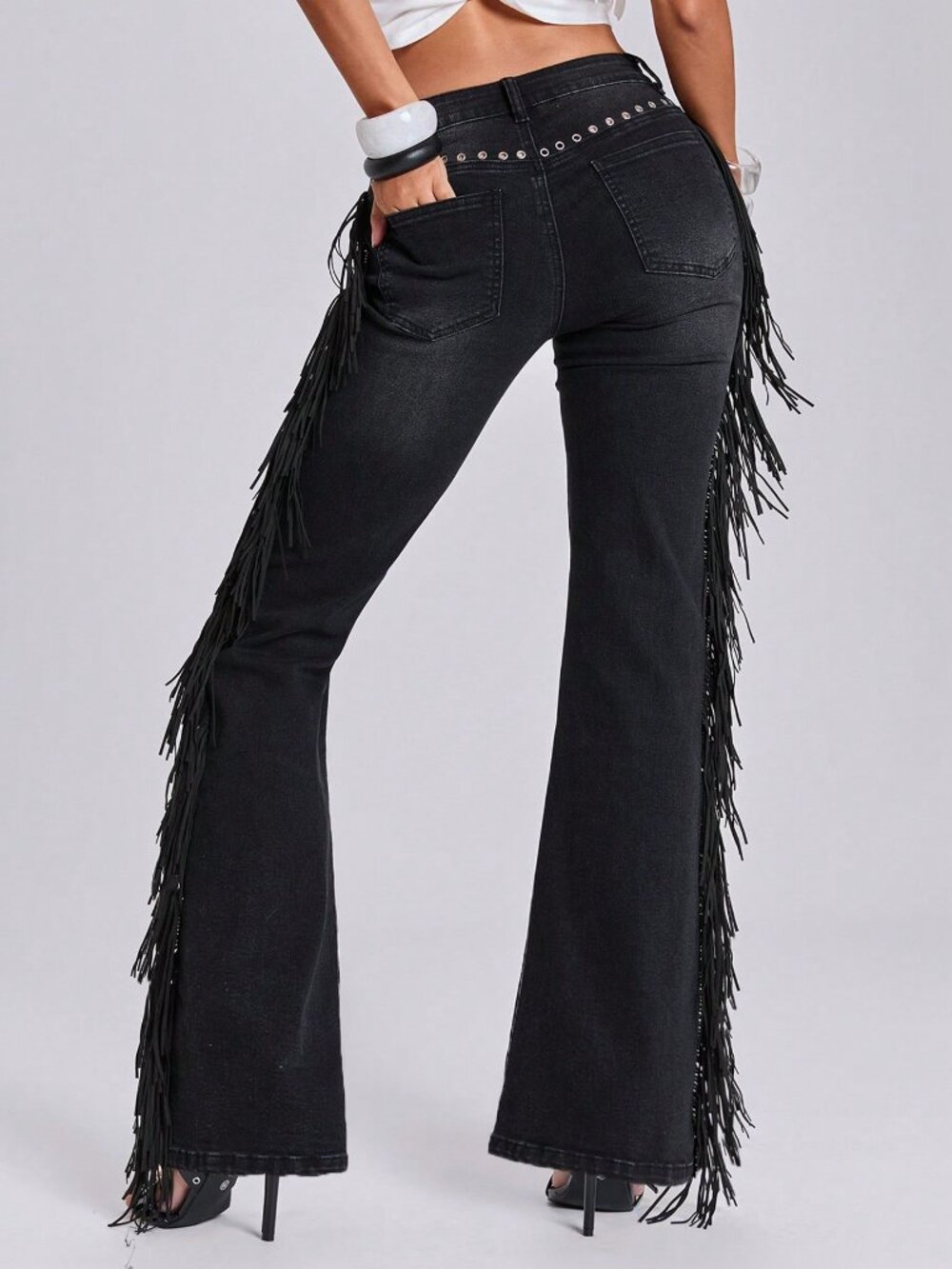 Black Casual Women's Side Tassel Decor Studded Skinny Flare Jeans